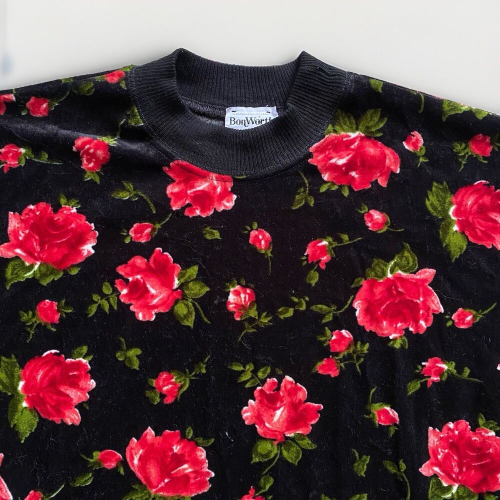 Vintage Bonworth Velour Black Rose Floral Medium Long Sleeve Sweatshirt 90s Goth